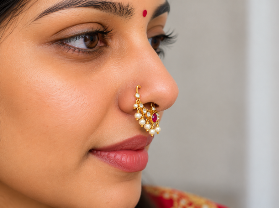 Indian Woman with Ornate Gold Nath