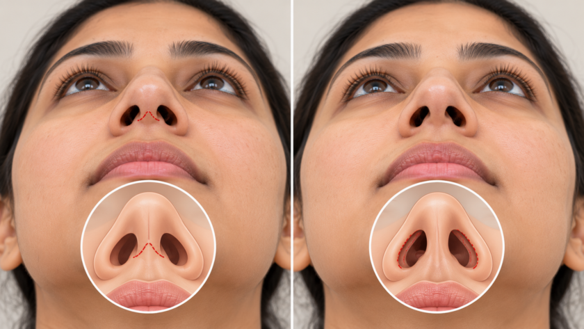 Image SEO Image concept: A realistic, non-graphic educational illustration of an adult nose shown from a front and slightly underside angle, with a subtle line indicating the typical columellar incision location for open rhinoplasty and a separate simple illustration indicating internal incisions for closed rhinoplasty. Neutral clinical palette, natural proportions, no blood, no dramatic before-and-after claims, no logos, no readable text and no watermark. Image ALT: Educational illustration comparing the external columellar incision in open rhinoplasty with internal incisions and the typical rhinoplasty scar locations. Suggested filename: rhinoplasty-scar